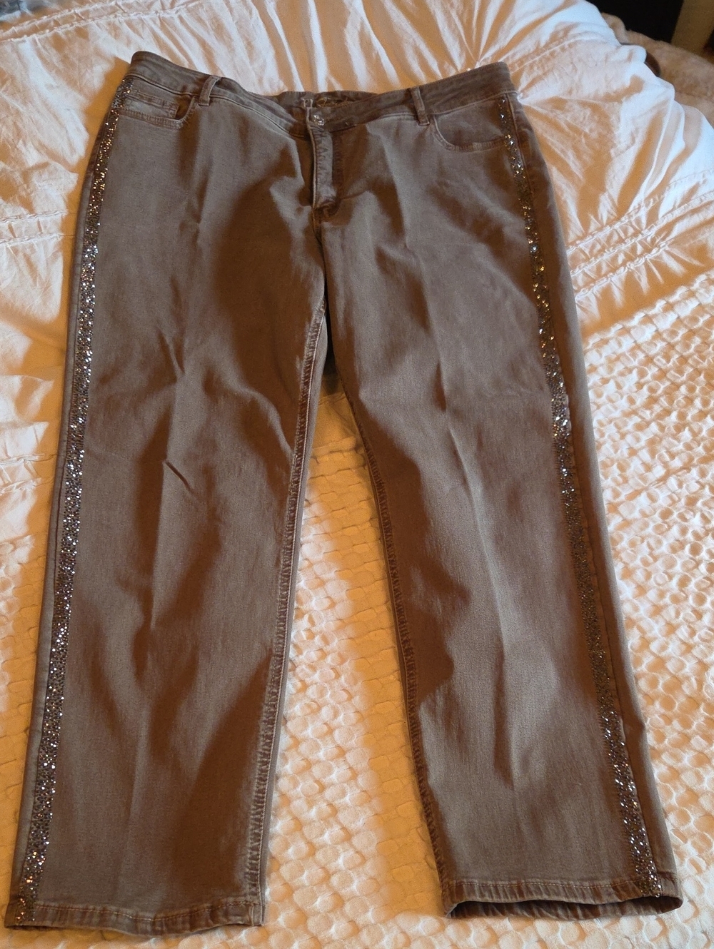 Frank Lyman Design Straight Leg Jeans with Side Sequin Trim - Taupe Xxl